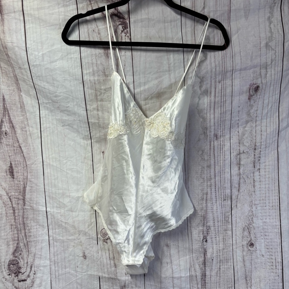 Vintage Victoria's Secret Ivory Satin Beaded Bodysuit with Lace Detail XS